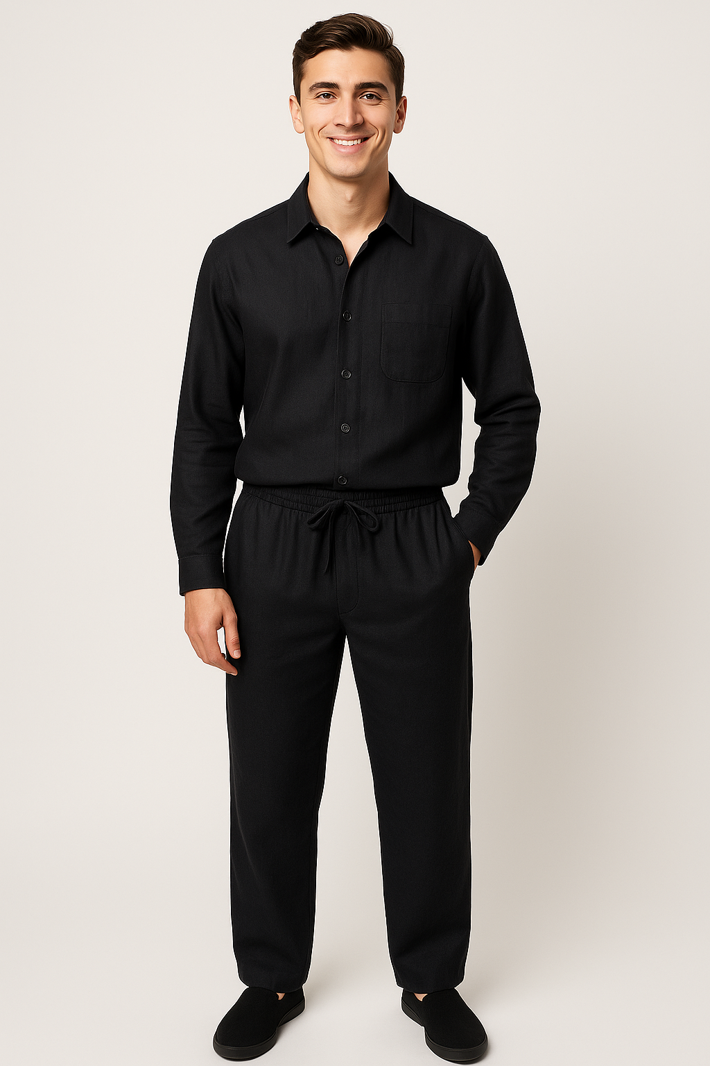 Classic Men's Linen Shirt and Trouser Set - Black