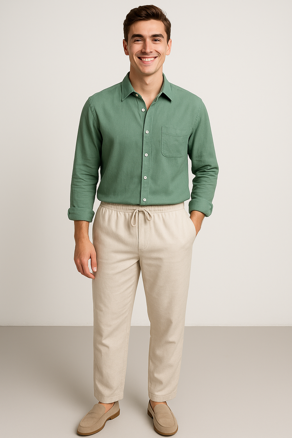 Classic Men's Linen Shirt and Trouser Set - Green-Beige