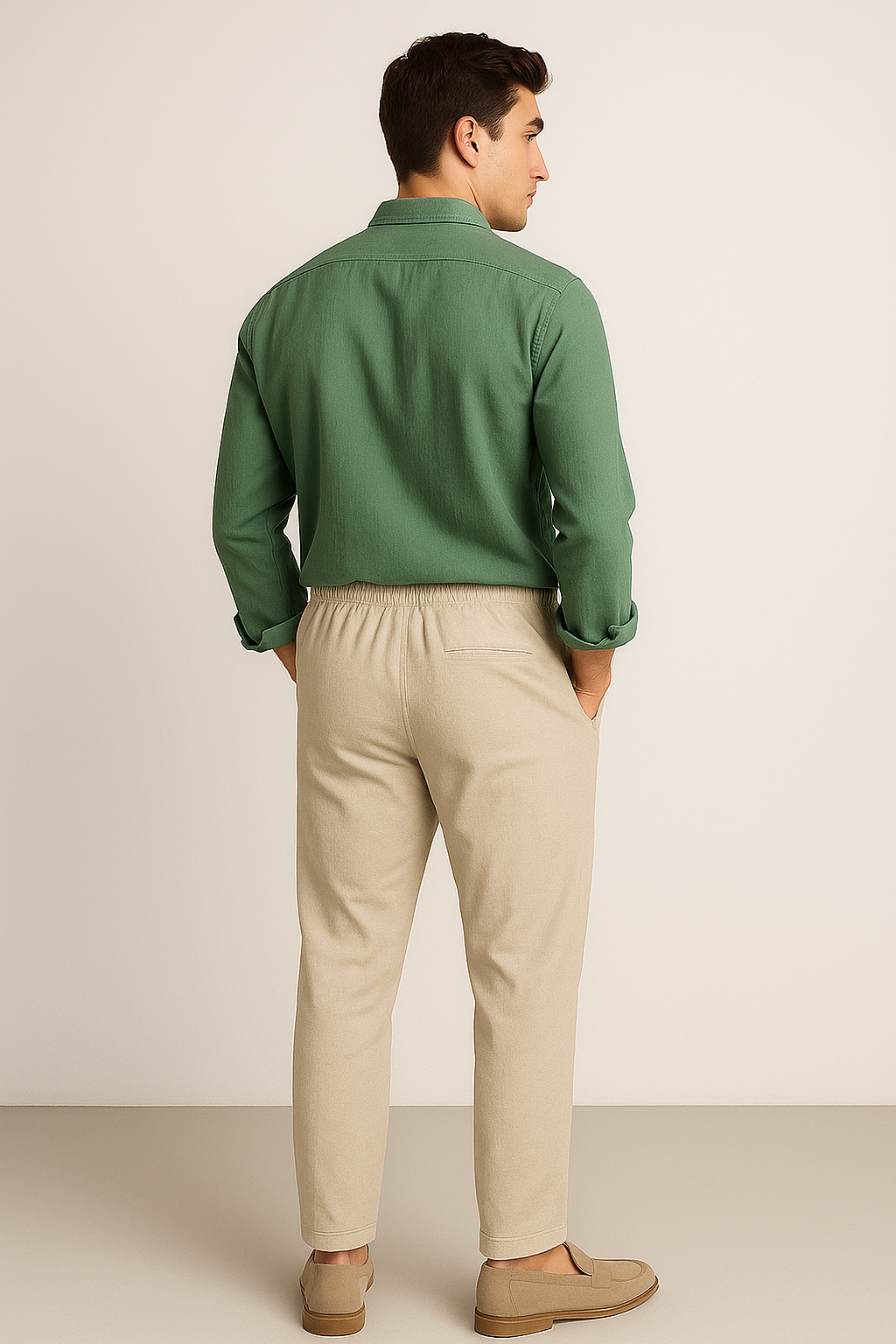 Classic Men's Linen Shirt and Trouser Set - Green-Beige