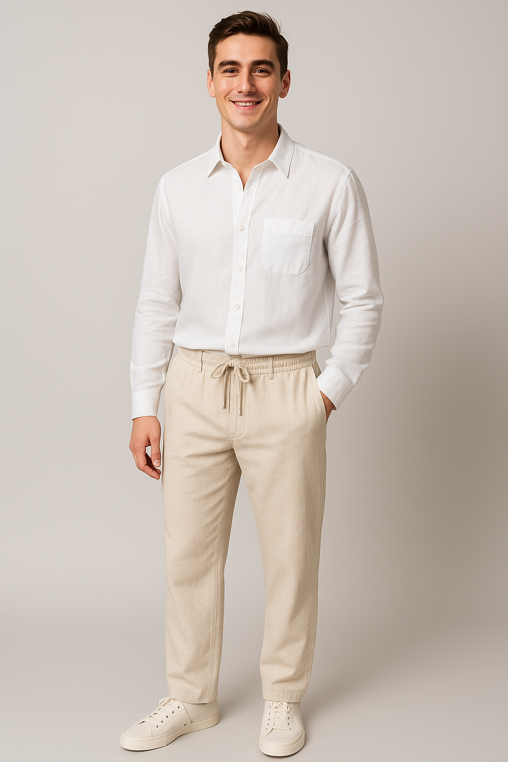 Classic Men's Linen Shirt and Trouser Set - White-Beige
