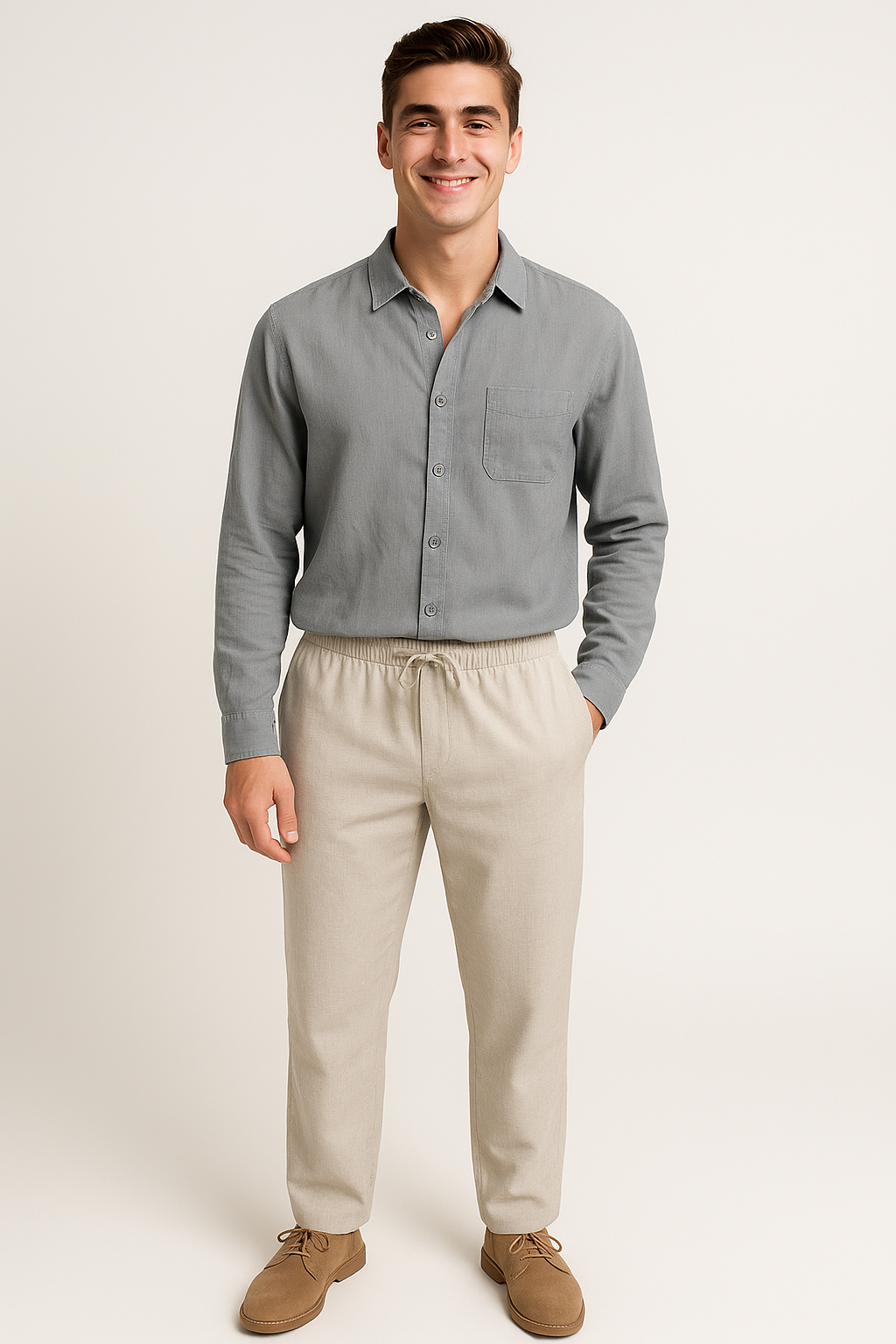 Classic Men's Linen Shirt and Trouser Set - Gray-Beige