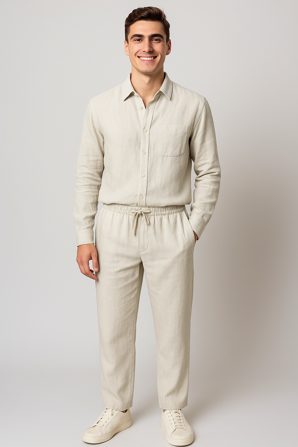 Classic Men's Linen Shirt and Trouser Set - Beige