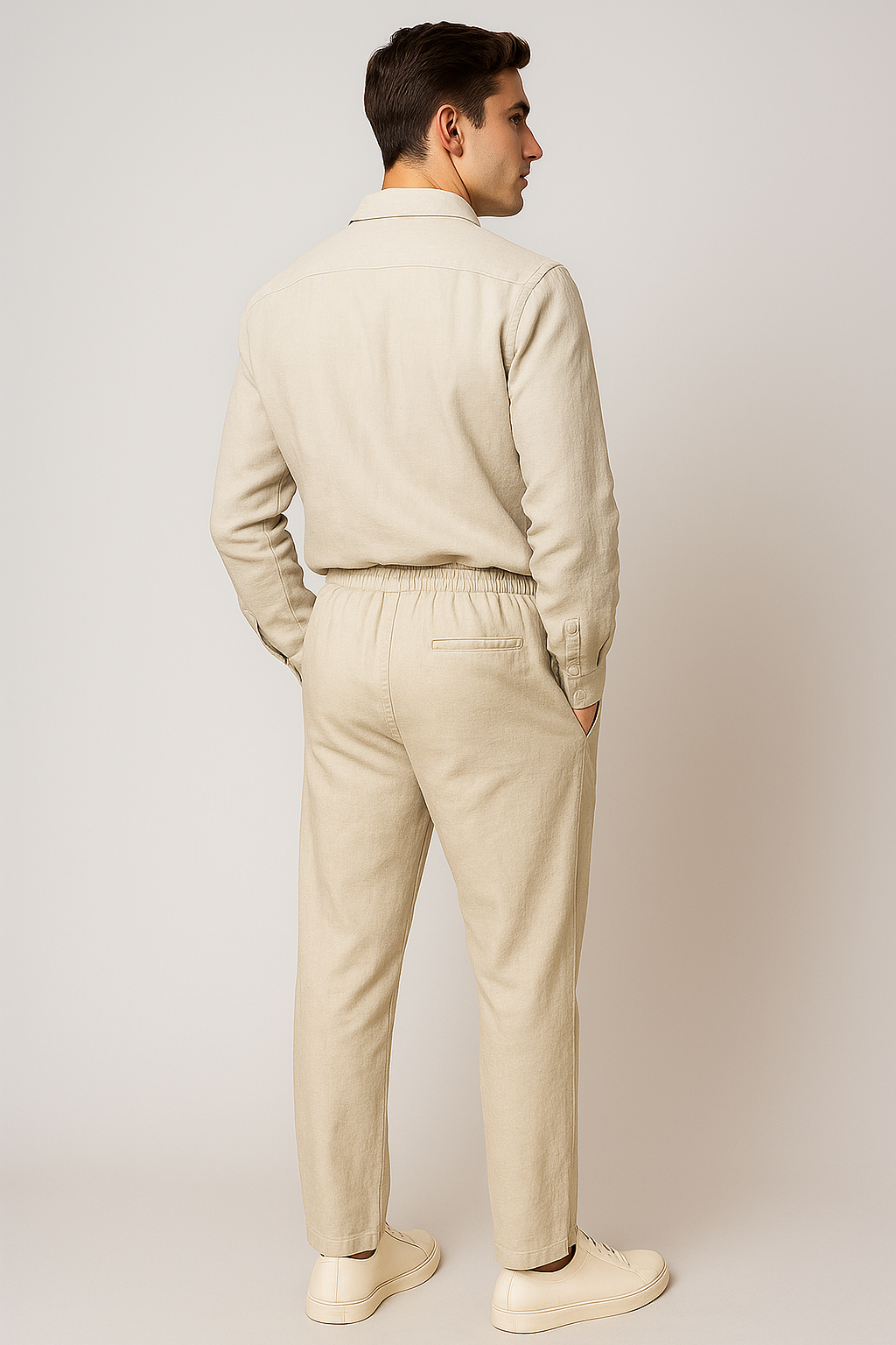 Classic Men's Linen Shirt and Trouser Set - Beige