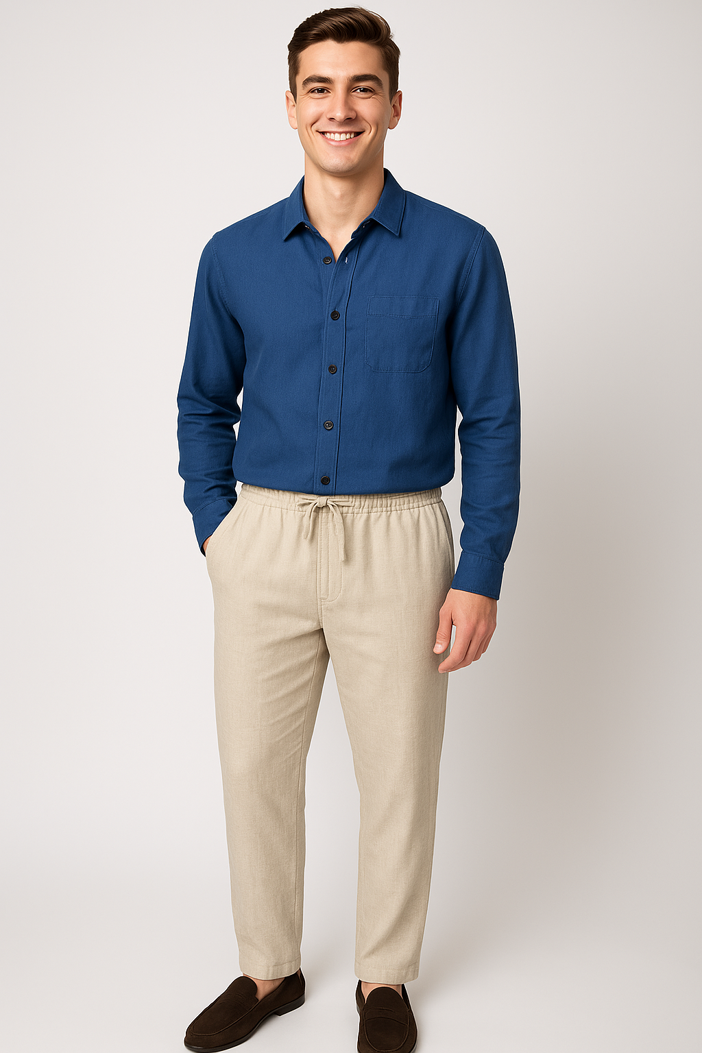 Classic Men's Linen Shirt and Trouser Set - Blue-Beige