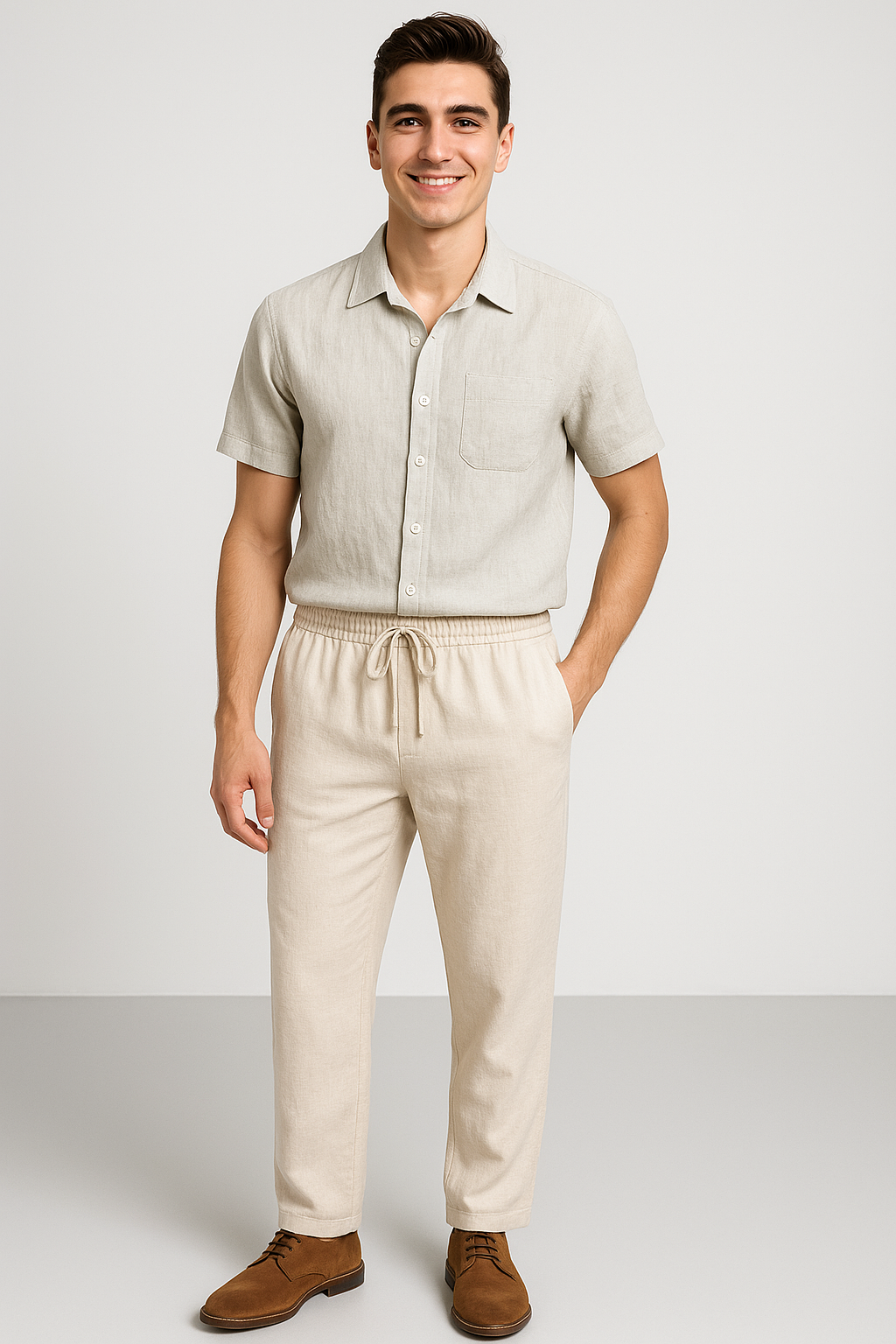 Men's Shirt and Pants Set Gray-Beige