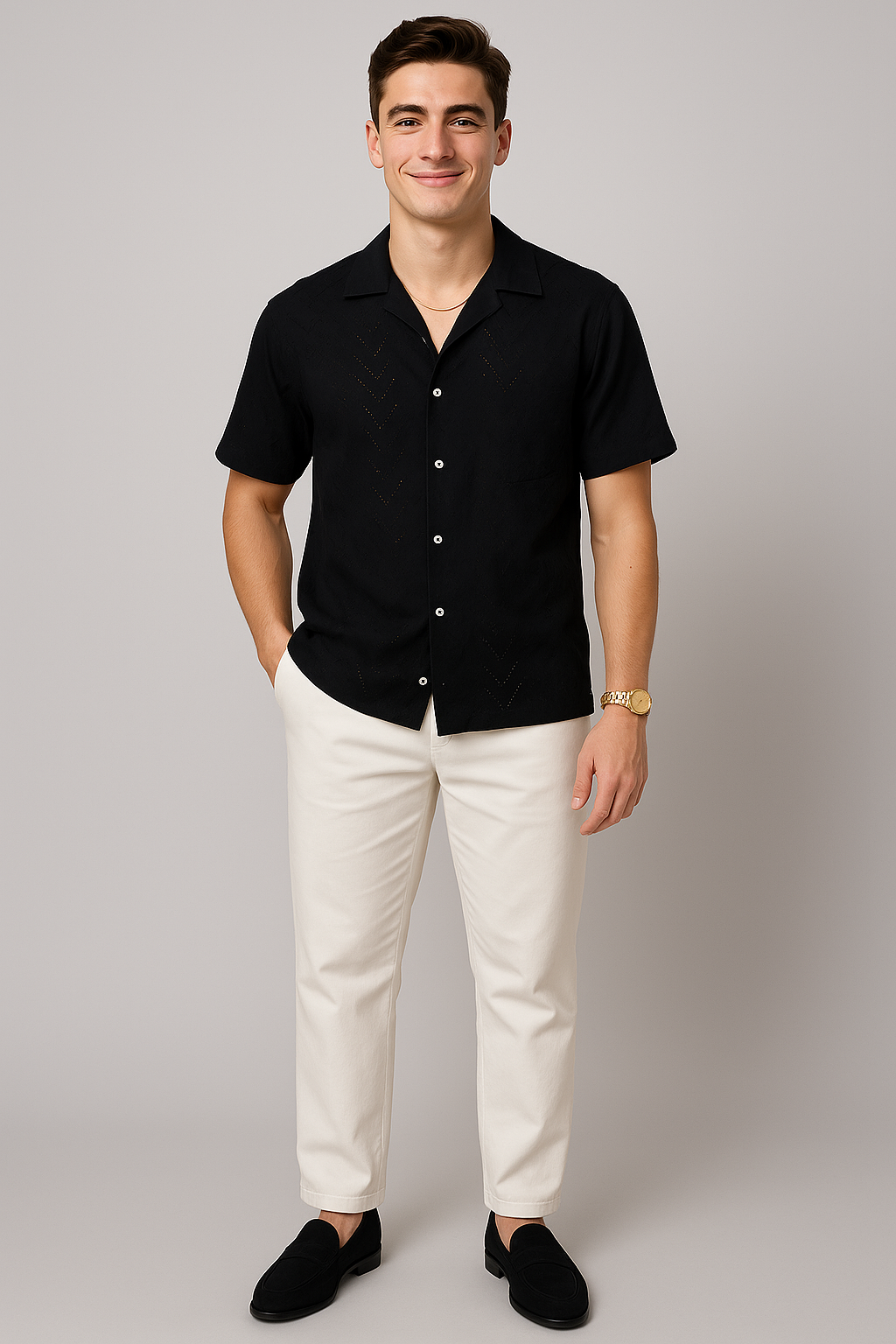 Modern Men's Short Sleeve Shirt with Buttoned Collar – Black