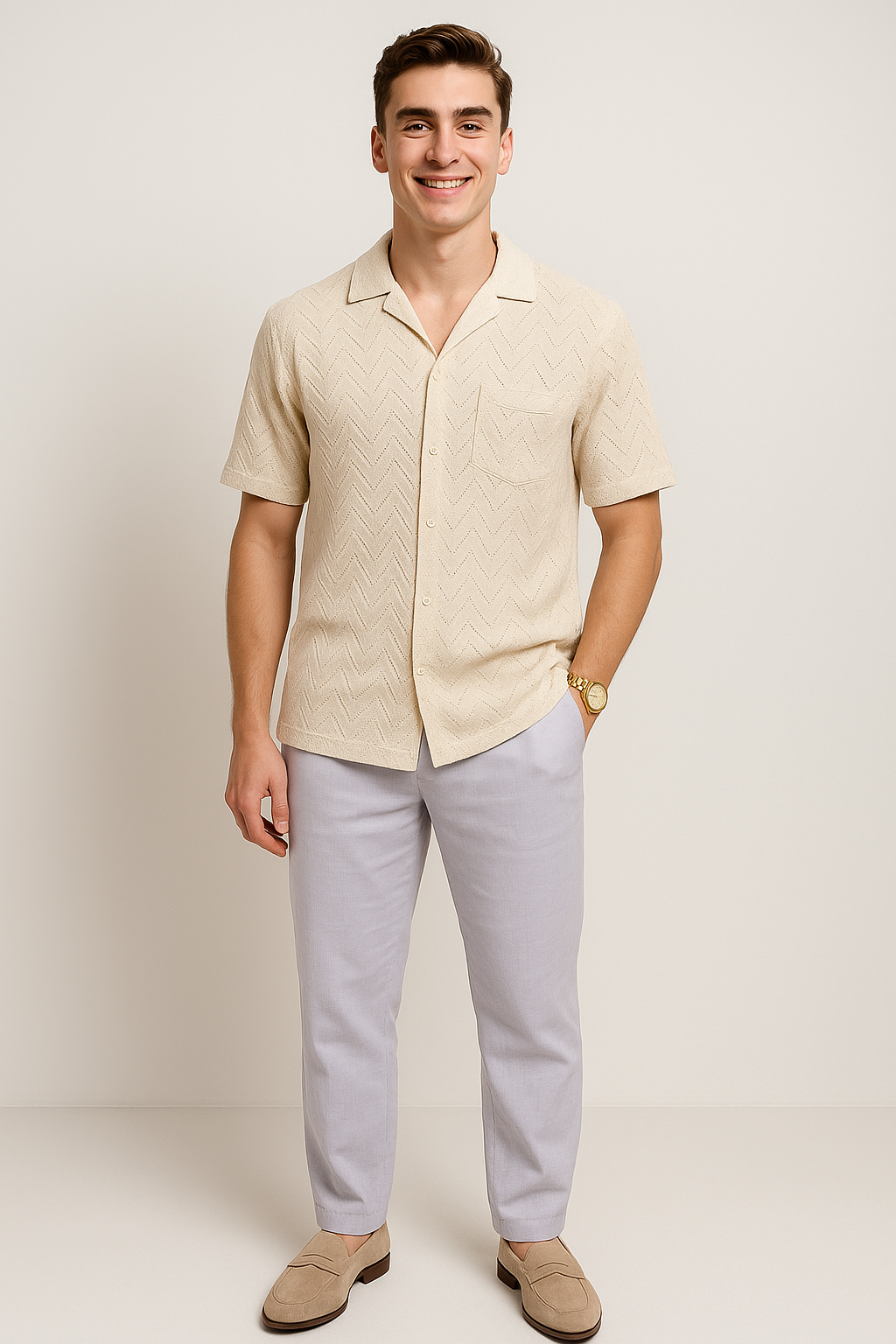 Modern Men's Short Sleeve Shirt with Buttoned Collar – Khaki