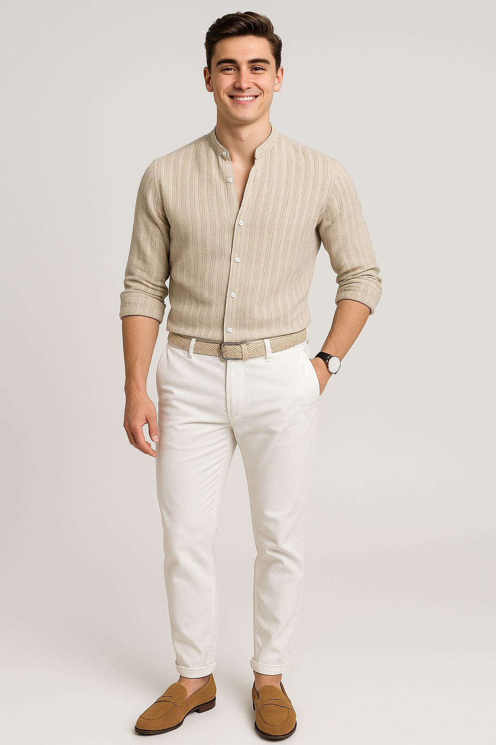 Elegant Men's Short Sleeve Shirt – Beige