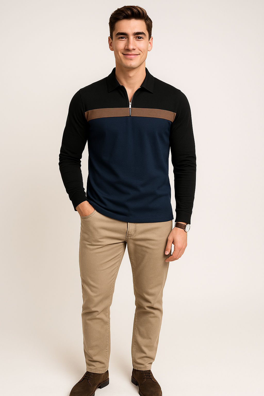 Retro Style Men’s Long Sleeve Polo Shirt – Navy blue