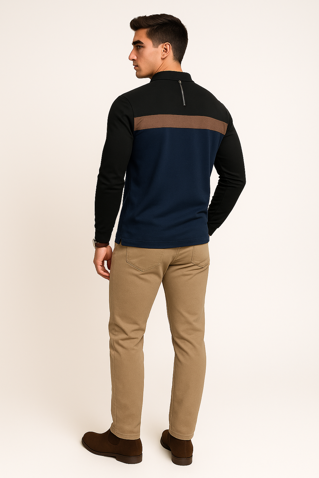 Retro Style Men’s Long Sleeve Polo Shirt – Navy blue