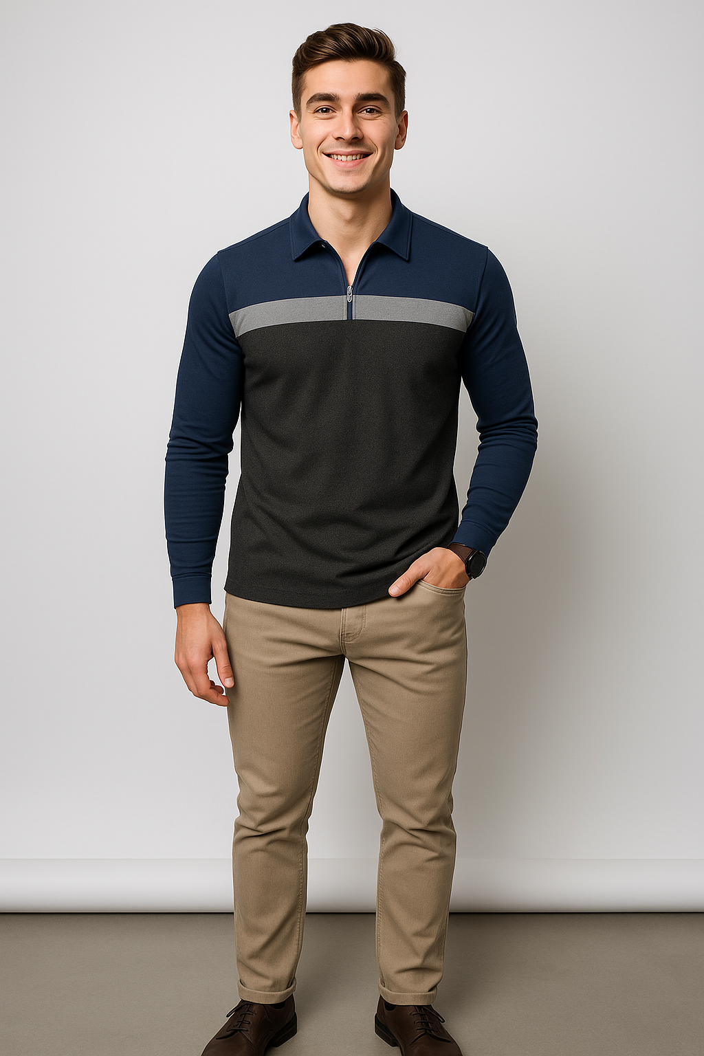 Retro Style Men’s Long Sleeve Polo Shirt – Light gray