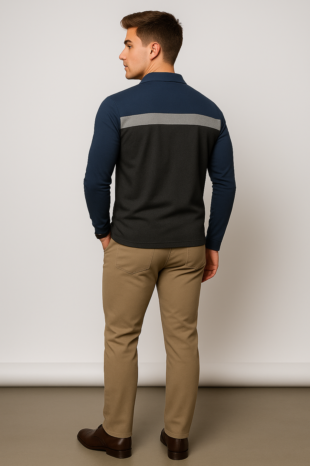 Retro Style Men’s Long Sleeve Polo Shirt – Light gray