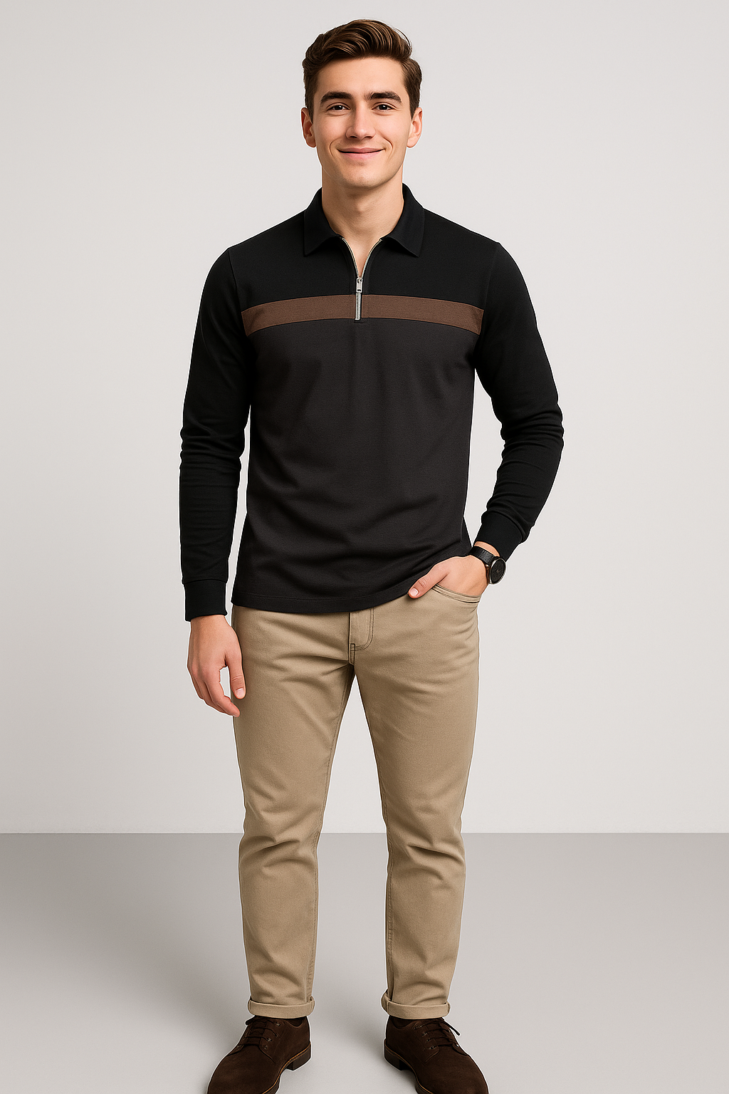 Retro Style Men’s Long Sleeve Polo Shirt – Dark gray