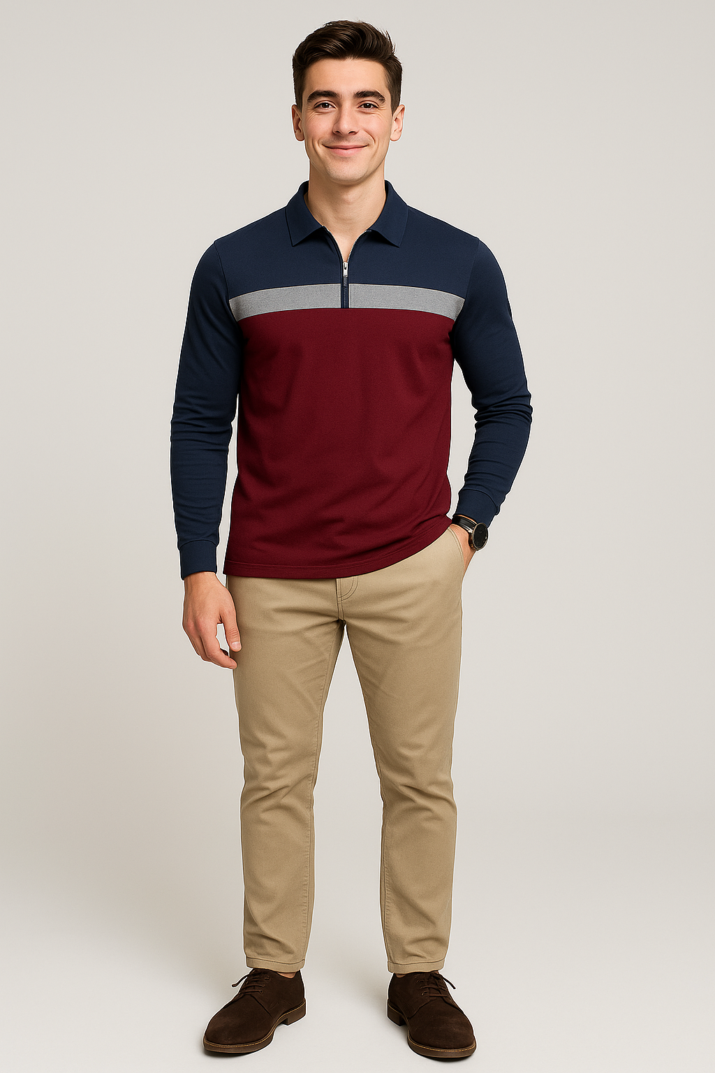 Retro Style Men’s Long Sleeve Polo Shirt – Burgundy