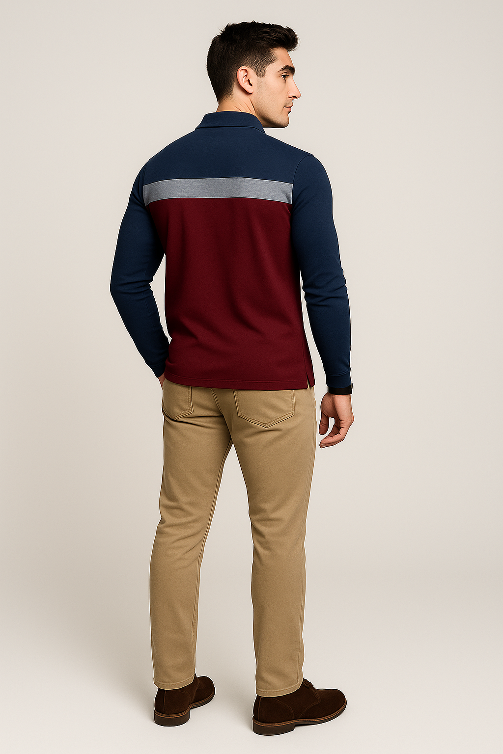 Retro Style Men’s Long Sleeve Polo Shirt – Burgundy