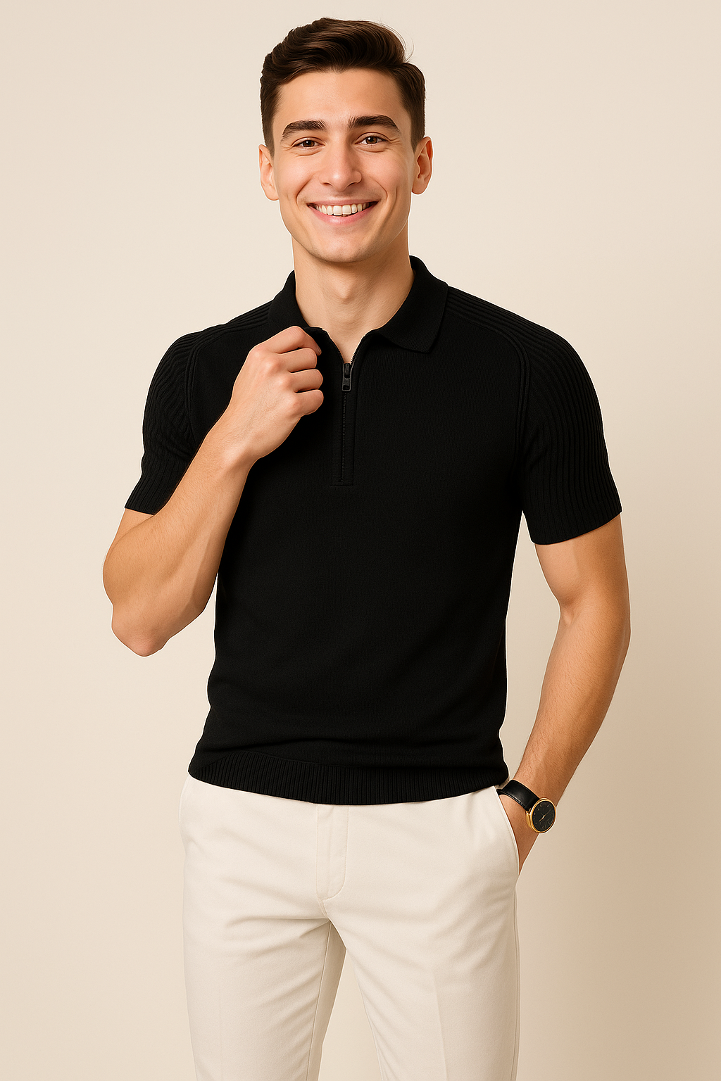 Casual Men’s Zip Collar Polo Shirt – Black