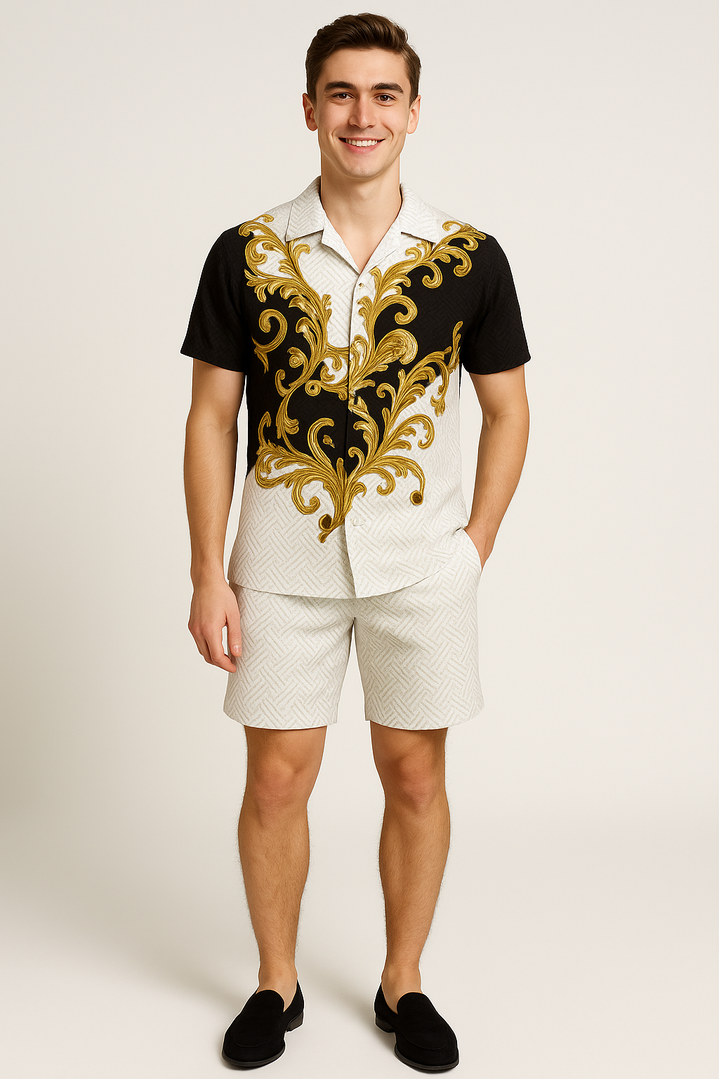 Modern Men's Casual Set with Trendy Print – Gold-White