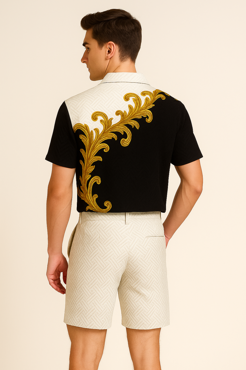 Modern Men's Casual Set with Trendy Print – Gold-White