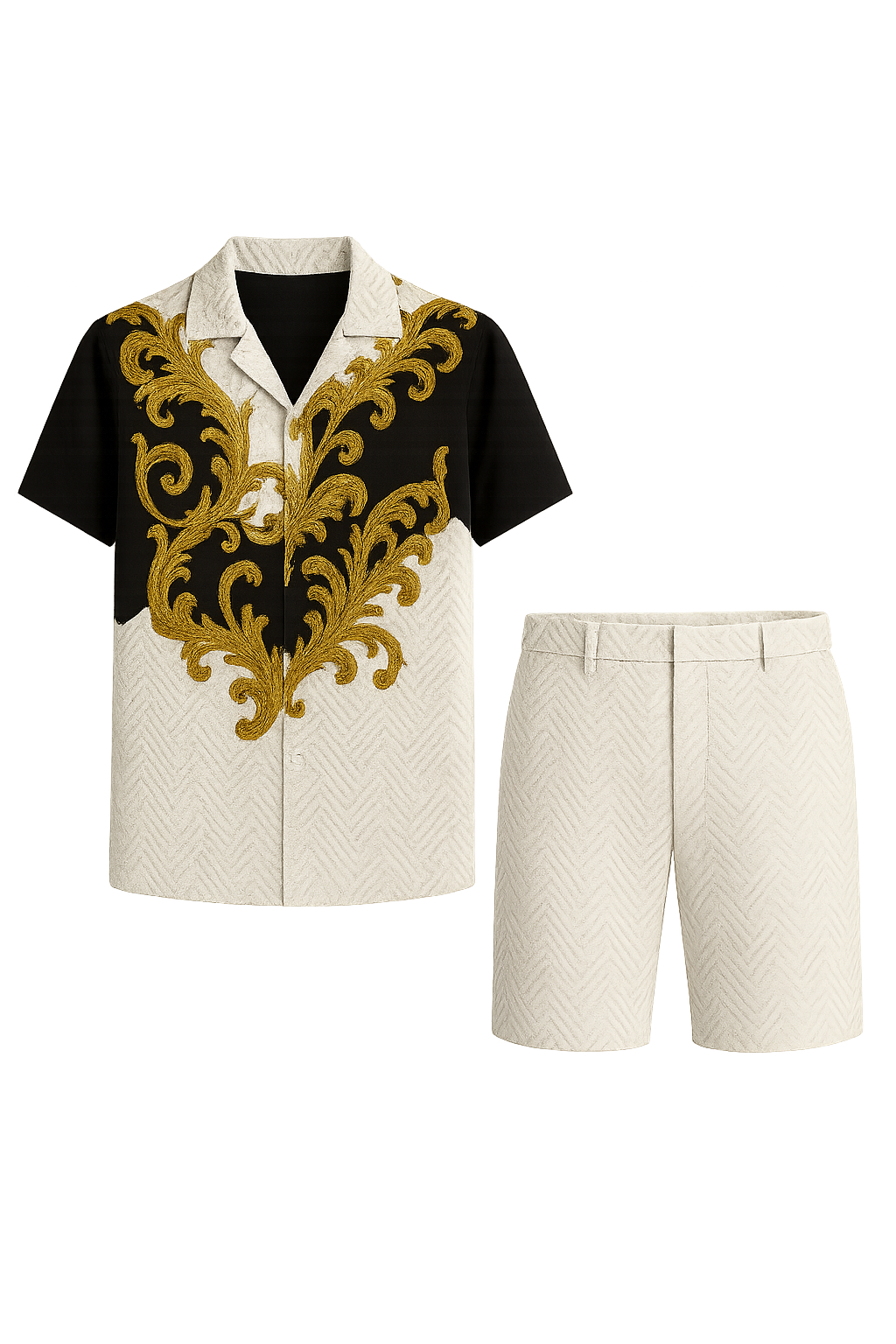 Modern Men's Casual Set with Trendy Print – Gold-White