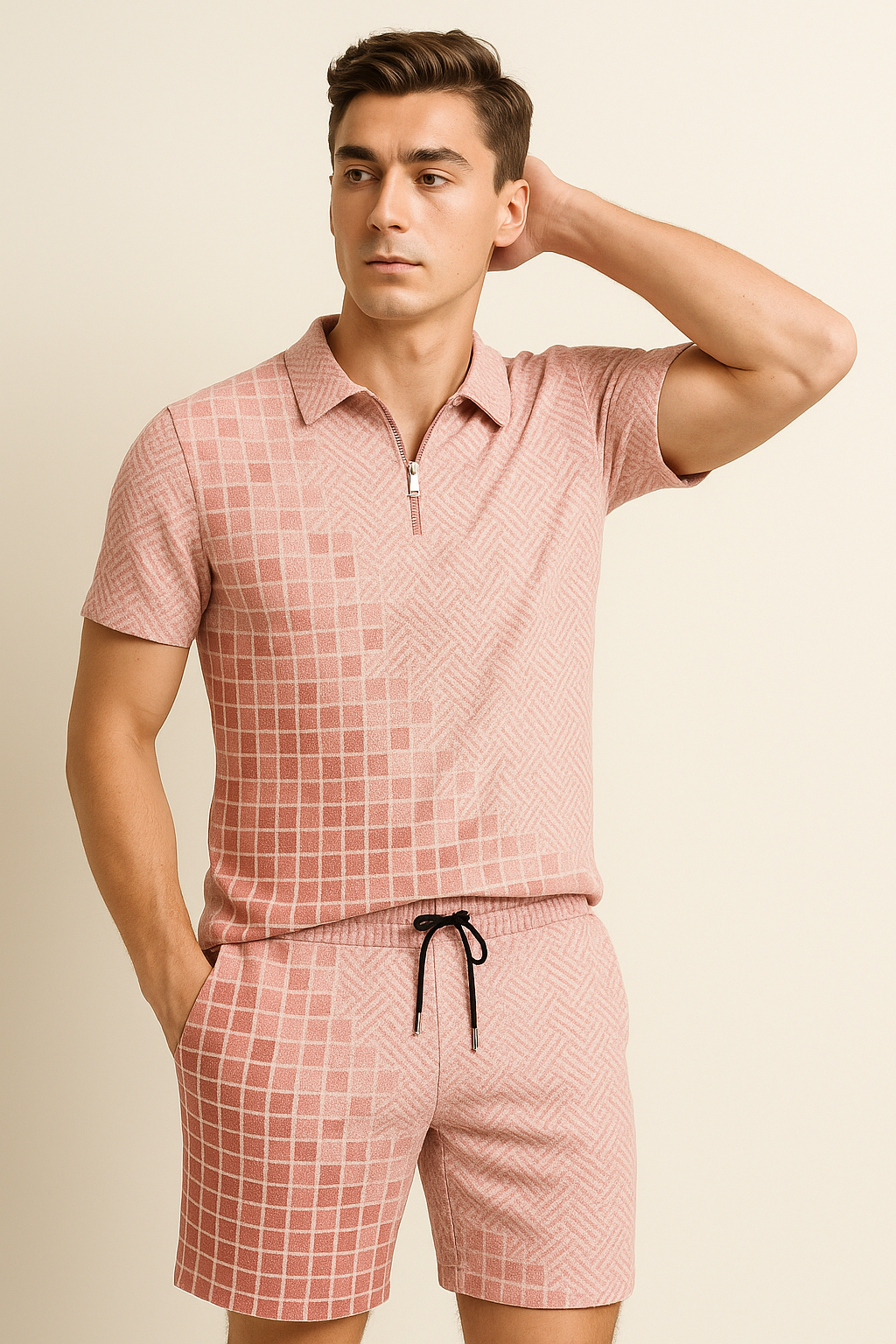 Modern Men's Casual Set with Trendy Print – Pink-Gray