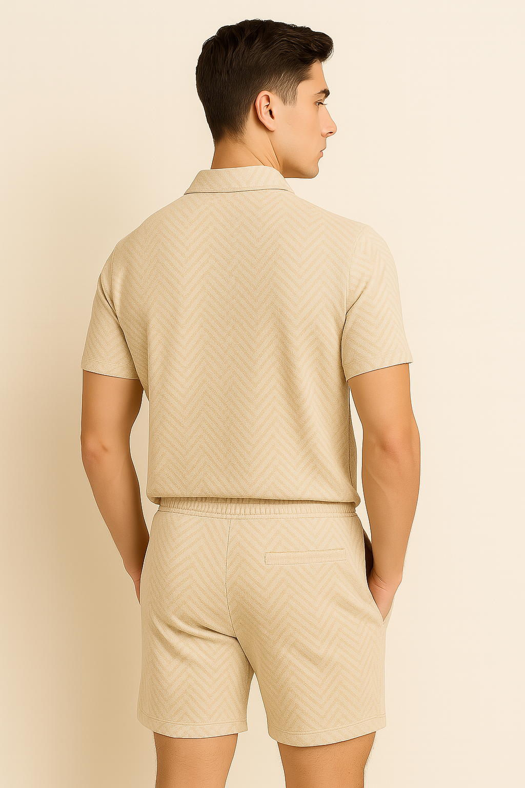Modern Men's Casual Set with Trendy Print – Beige