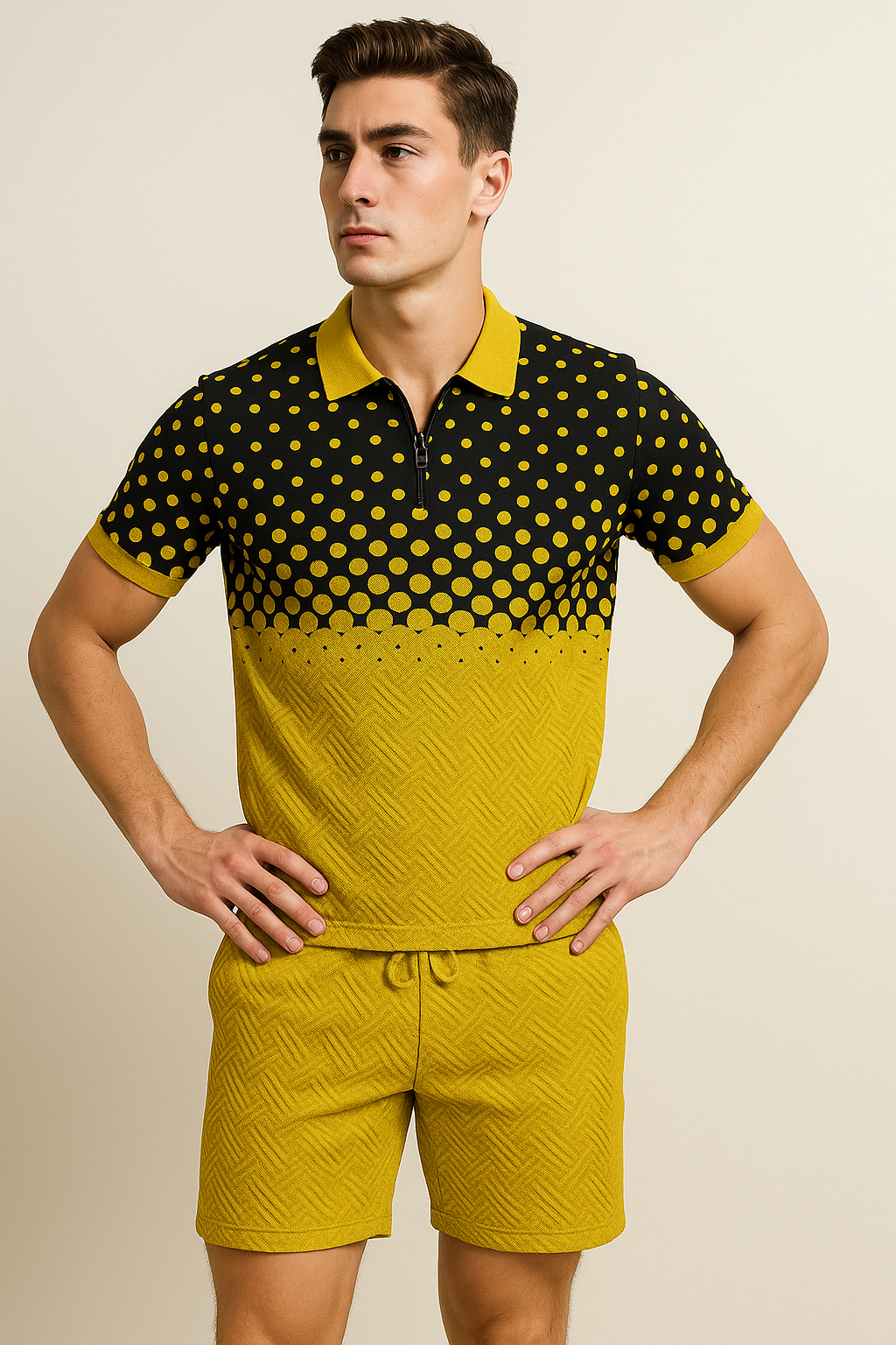 Modern Men's Casual Set with Trendy Print – Black-Yellow