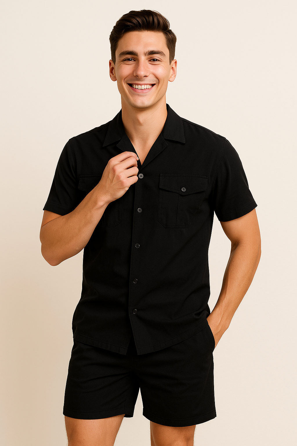 Elegant Men’s Polo & Shorts Set - Black