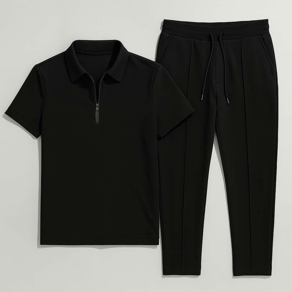Casual Men's Polo and Trousers Set – Black