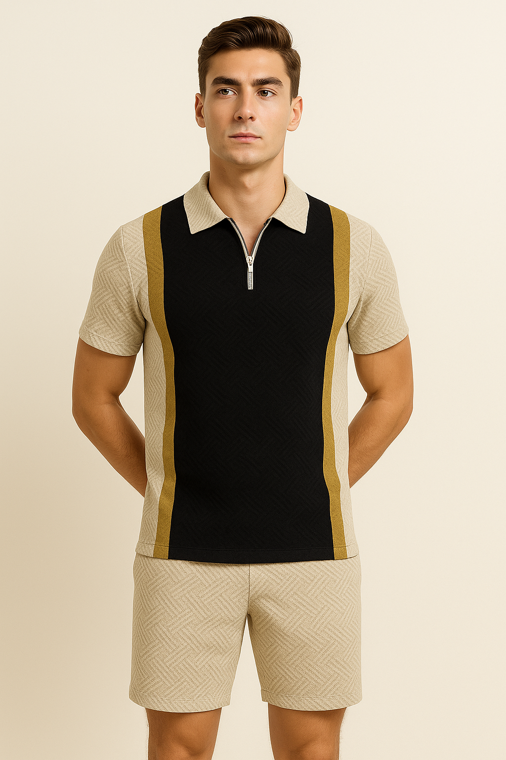 Modern Men's Casual Set with Trendy Print – Black-Beige