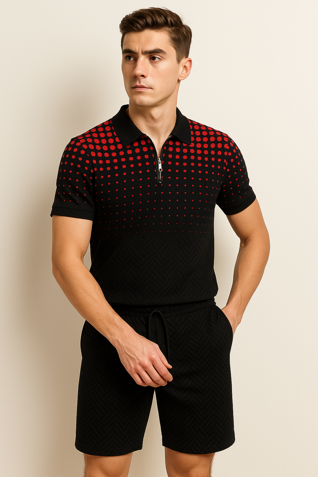 Modern Men's Casual Set with Trendy Print – Red-Black