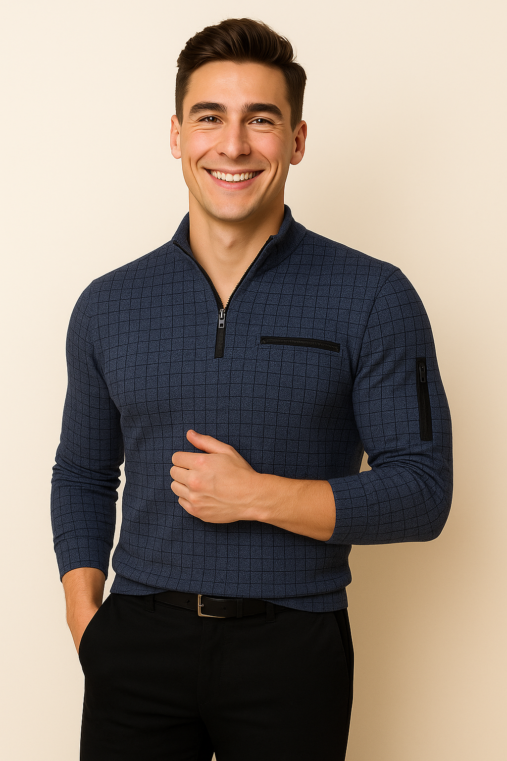 Modern Style Men’s Long Sleeve Polo Shirt – Dark Blue