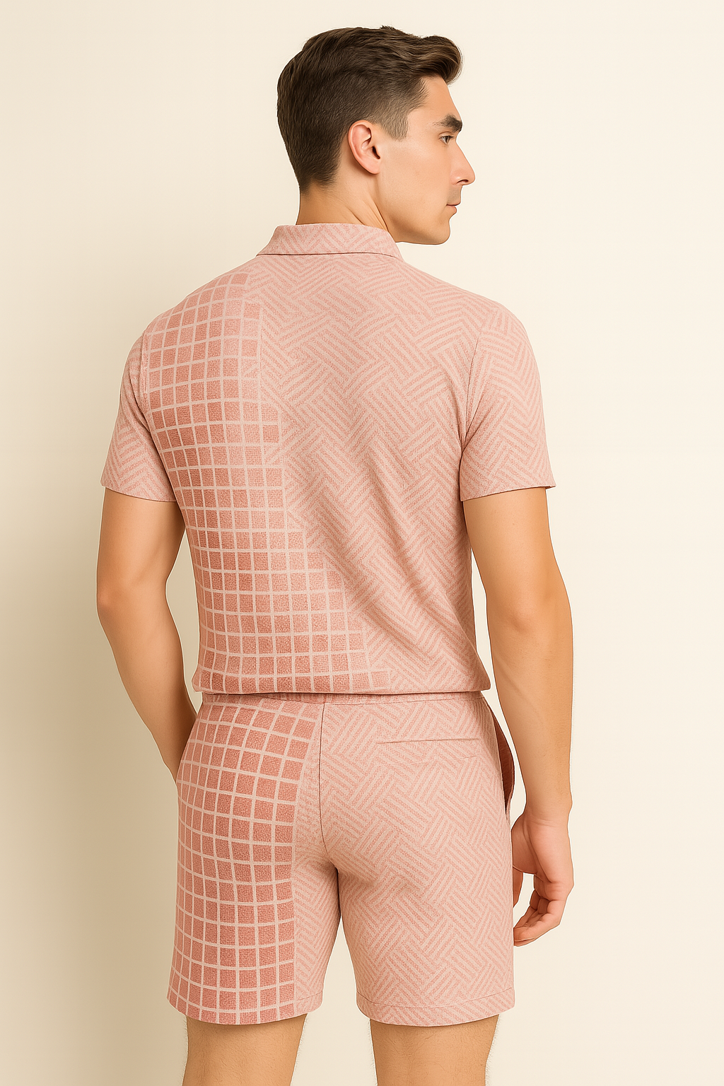 Modern Men's Casual Set with Trendy Print – Pink-Gray