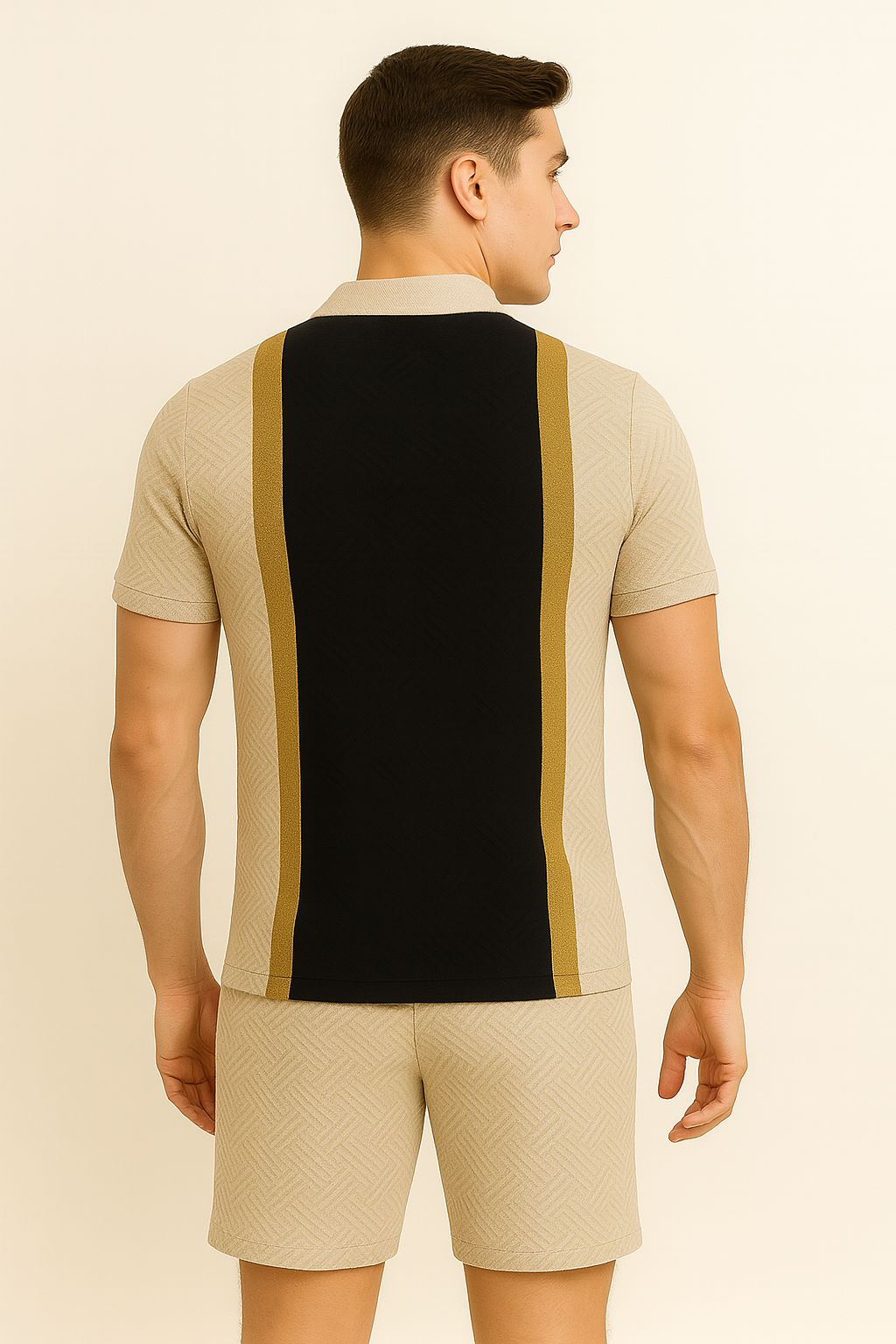Modern Men's Casual Set with Trendy Print – Black-Beige