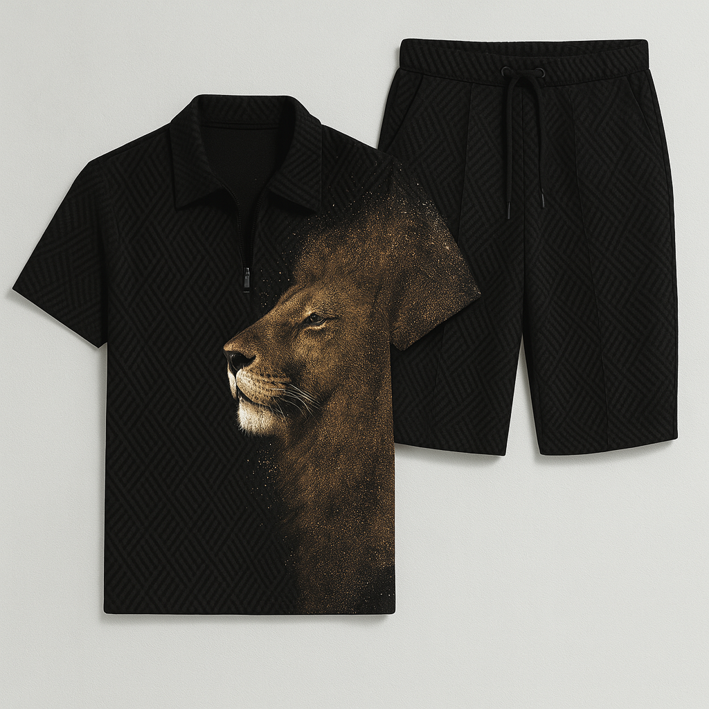 Modern Men's Casual Set with Trendy Print – Black-Gold