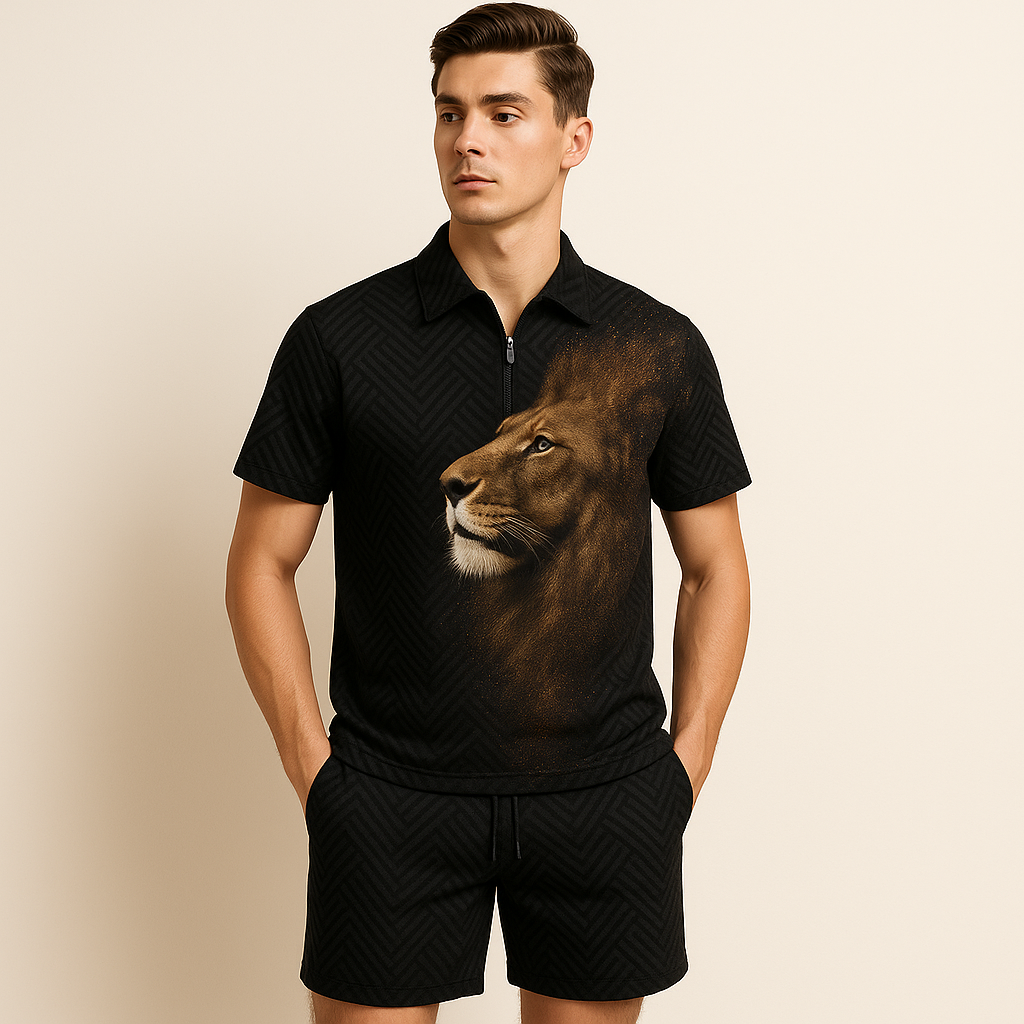 Modern Men's Casual Set with Trendy Print – Black-Gold