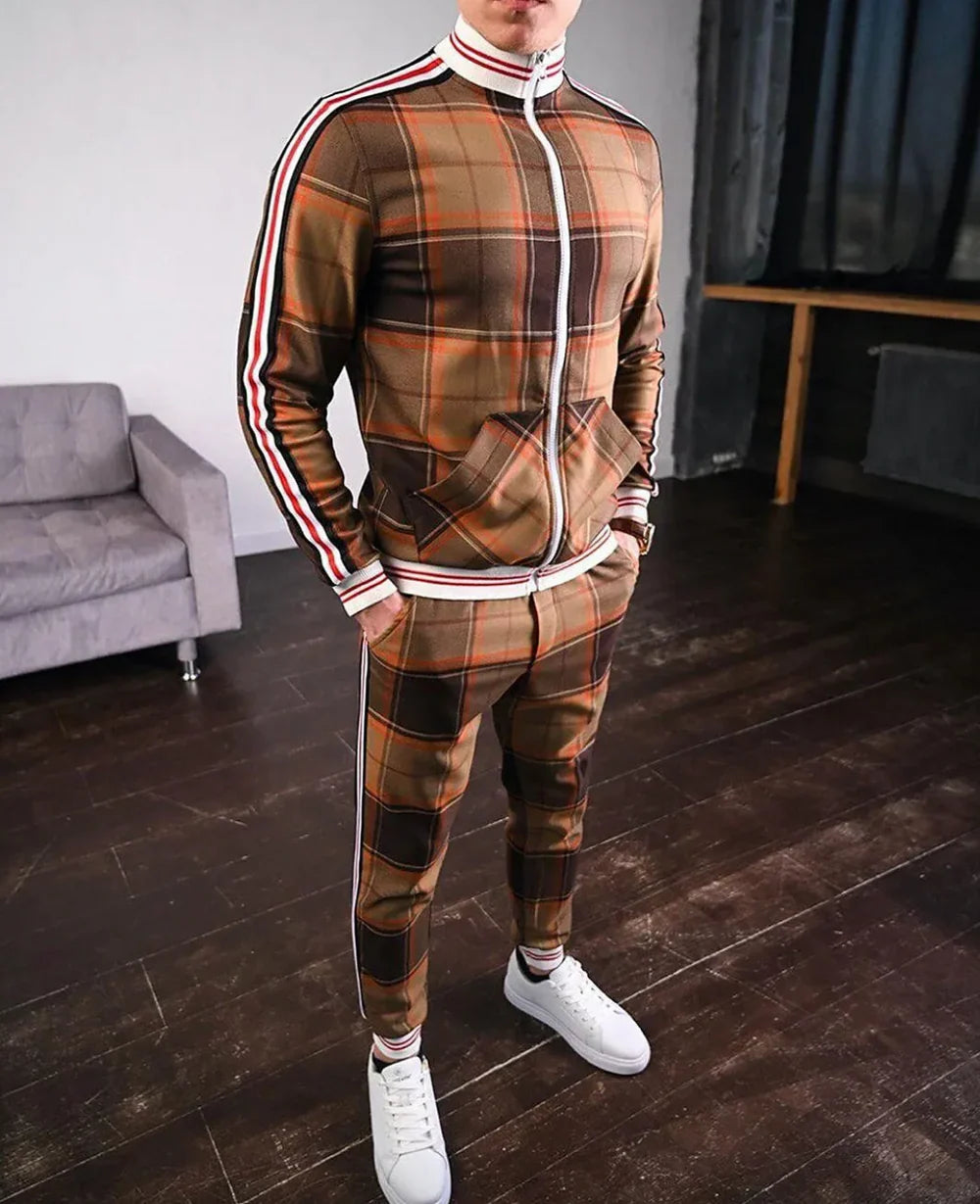 Men’s Tracksuit Set – Plaid Zip-Up Jacket and Jogger Pants for a Trendy Street Look
