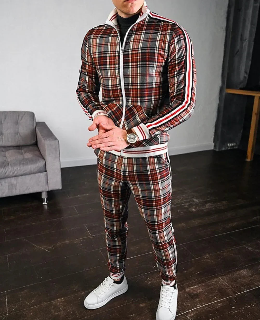 Men’s Tracksuit Set – Plaid Zip-Up Jacket and Jogger Pants for a Trendy Street Look