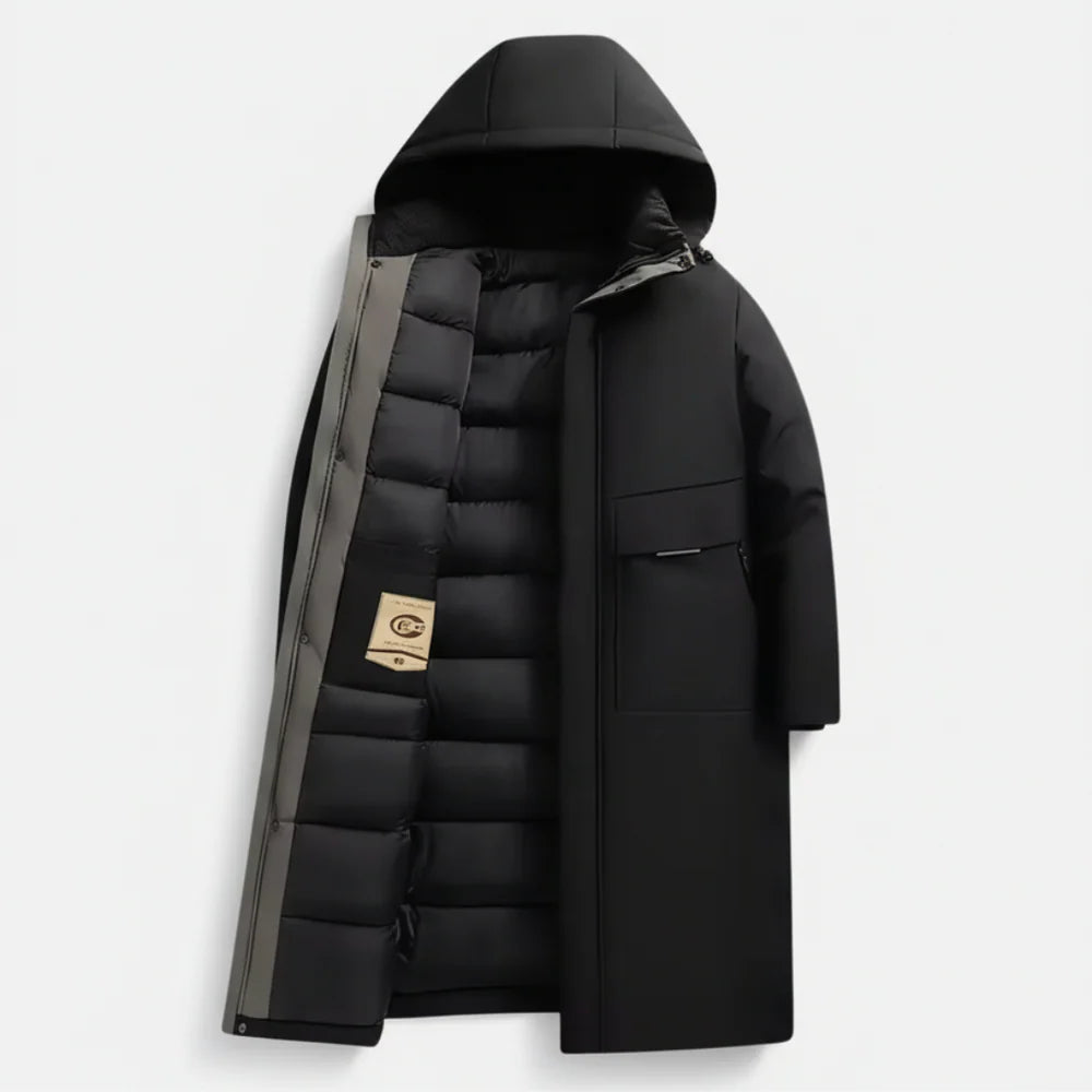 Men’s Long Hooded Puffer Jacket – Functional Warmth & Contemporary Appeal