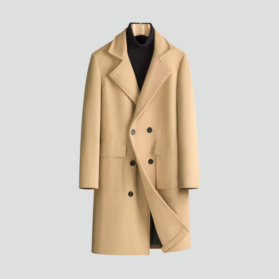 Men’s Elegant Coat – Double-Breasted Design & Classic Camel Tone