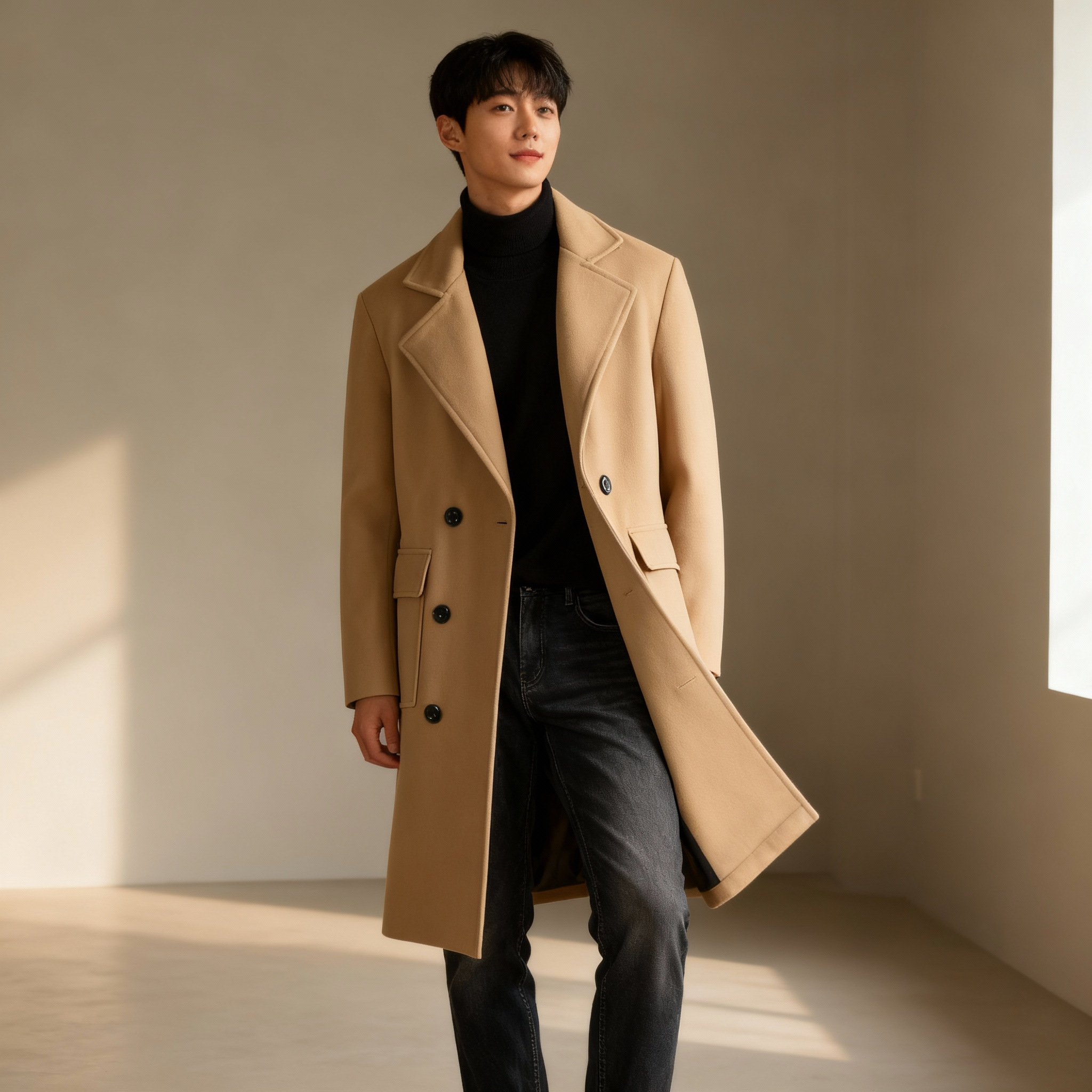 Men’s Elegant Coat – Double-Breasted Design & Classic Camel Tone