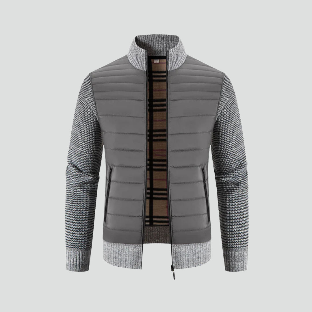 Men’s Quilted Winter Jacket – Textured Knit Sleeves & Insulated Zip Design