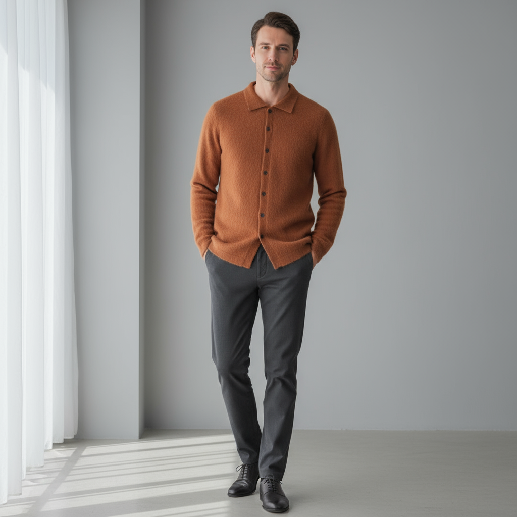 Men’s Polo Button Cardigan – Soft Textured Finish & Refined Smart-Casual Look
