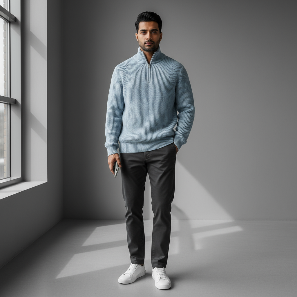 Men’s Corduroy Sweater – Textured Zip Collar & Relaxed Everyday Fit