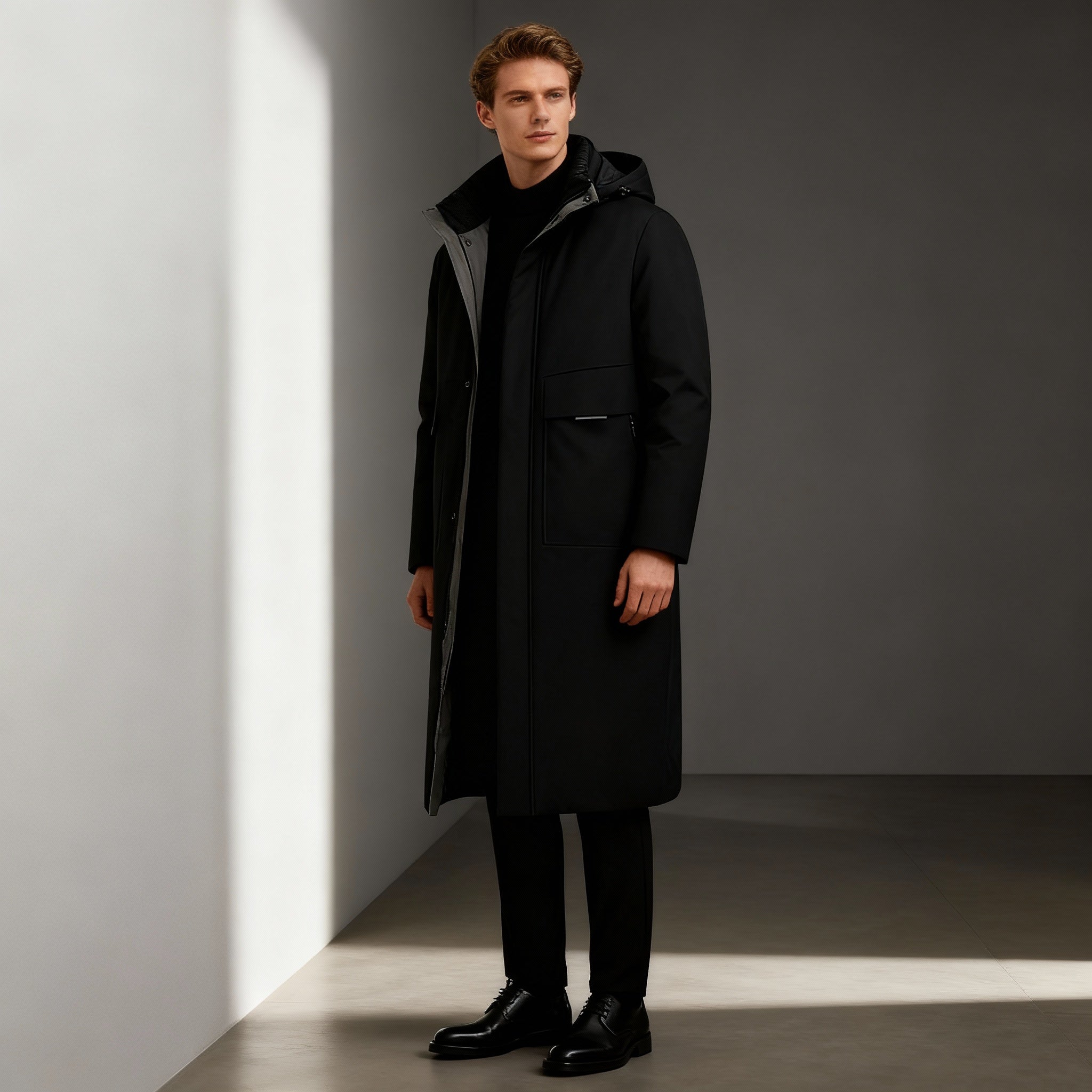 Men’s Long Hooded Puffer Jacket – Functional Warmth & Contemporary Appeal
