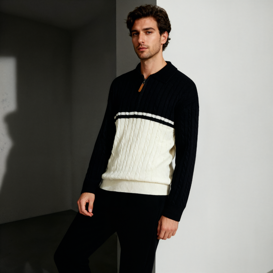 Men’s Multicolored Sweater – Two-Tone Knit Design & Classic Half-Zip Detail