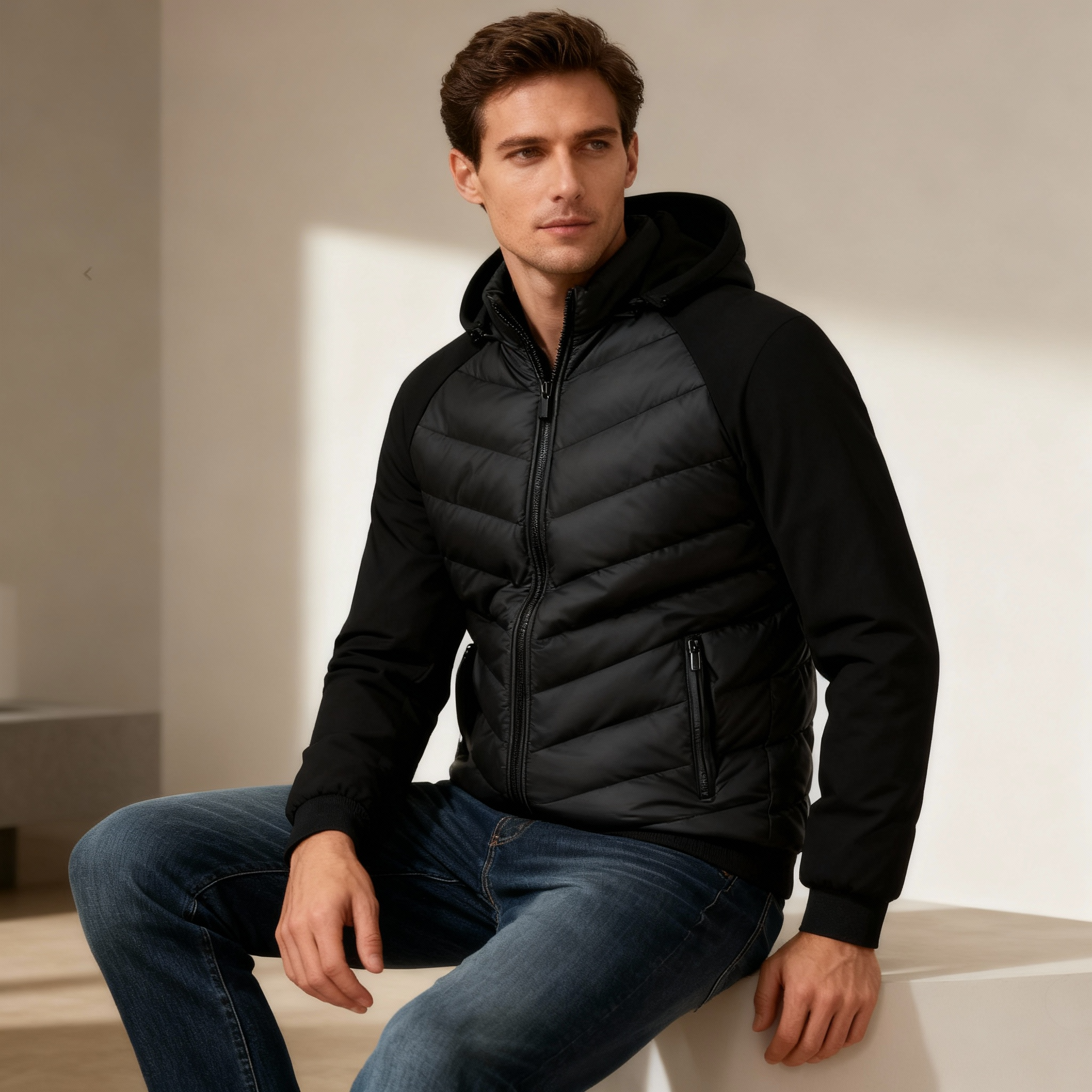 Men’s Padded Jacket – Quilted Front & Soft Knit Sleeves