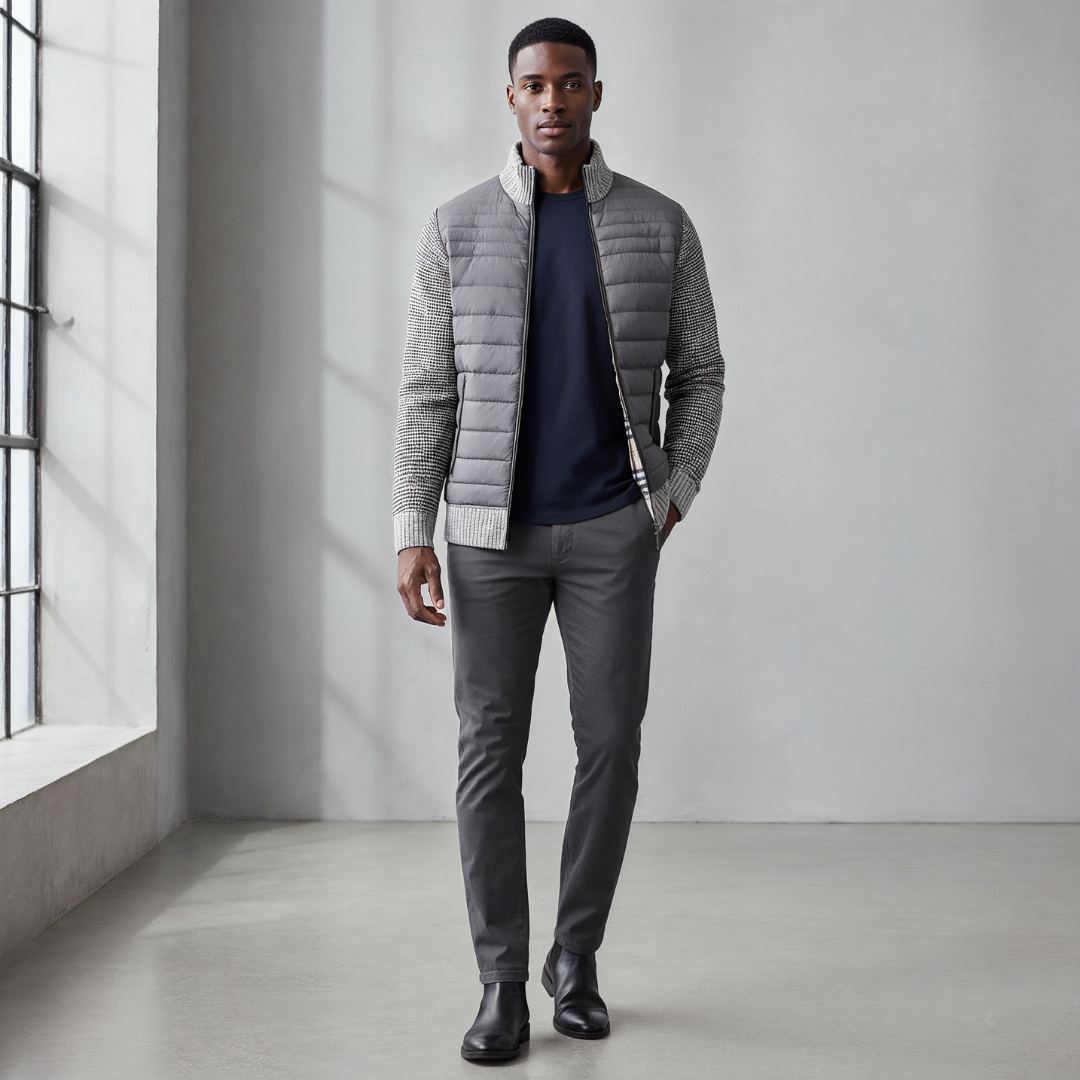 Men’s Quilted Winter Jacket – Textured Knit Sleeves & Insulated Zip Design