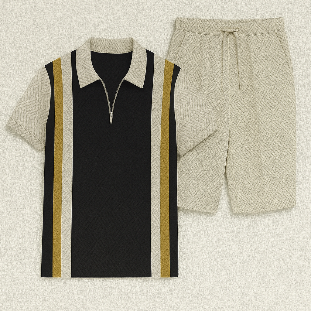 Modern Men's Casual Set with Trendy Print – Black-Beige