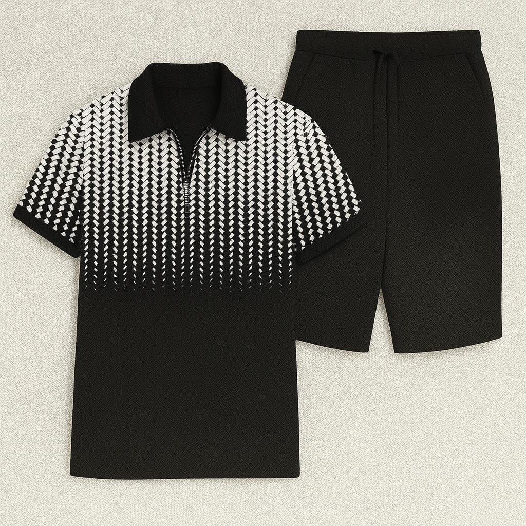 Modern Men's Casual Set with Trendy Print – White-Black