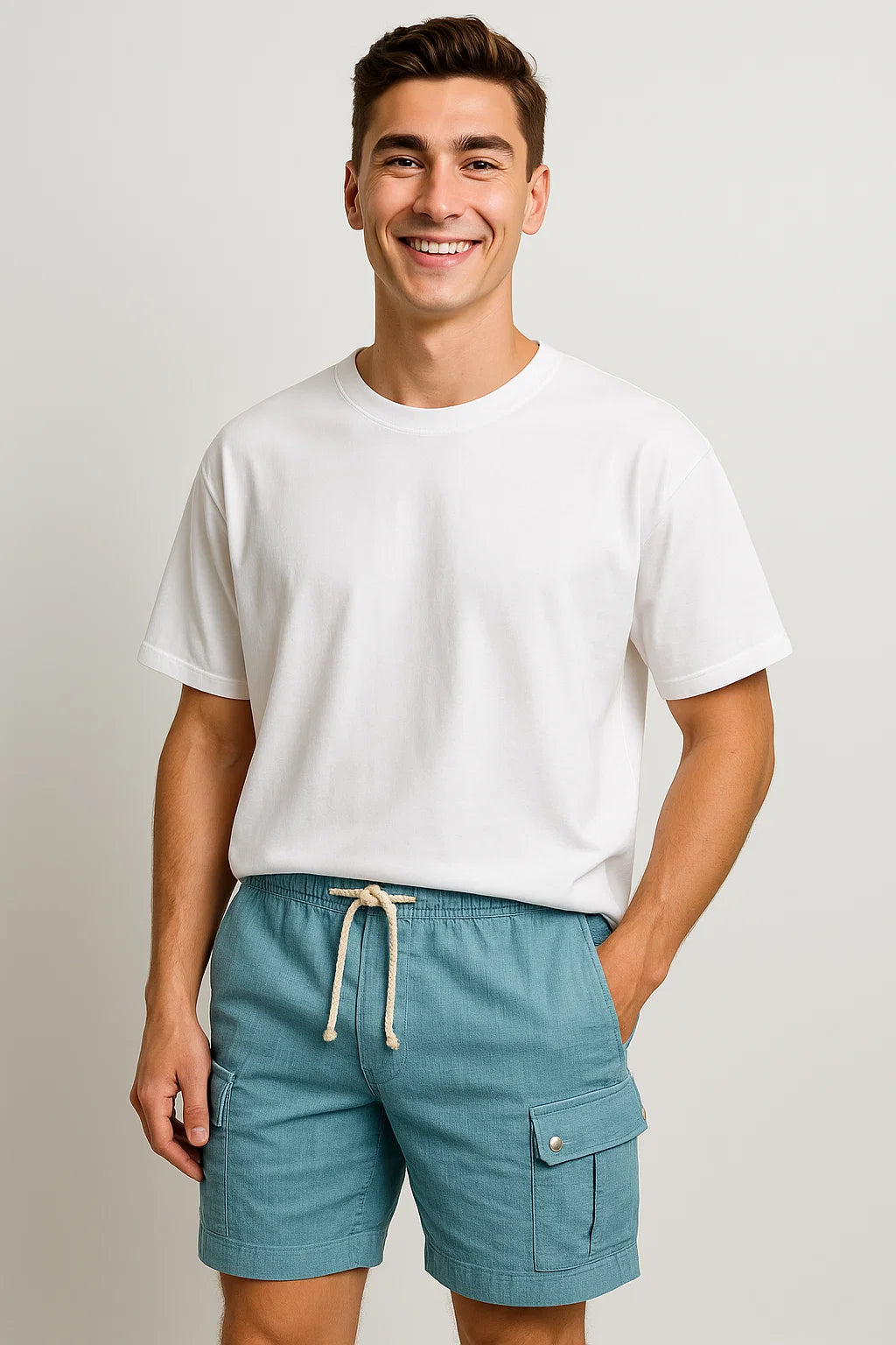 Trendy Summer Men's Linen Cargo Shorts - Light Blue